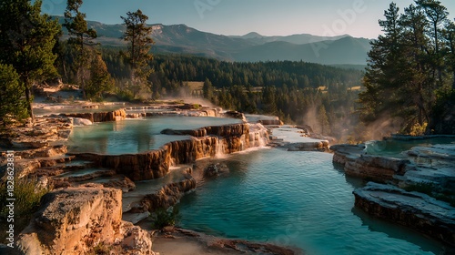 Turquoise Hot Springs Terraces in a Lush Mountain Landscape