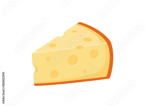 A holey cheese slice, a Swiss snack and dairy item, featuring a triangular section of porous Dutch Edam cheese, depicted as a colored flat vector illustration of Maasdam on a white background