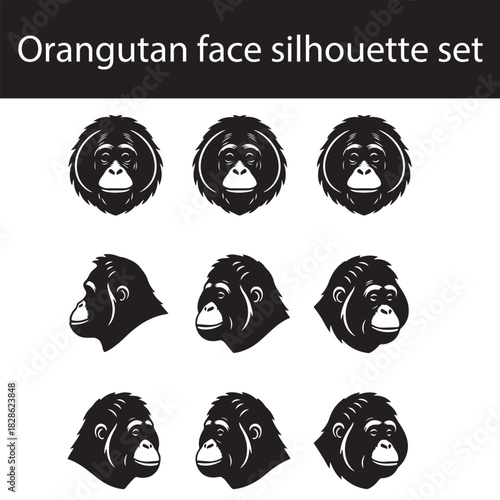 Orangutan face silhouette vector, orangutan head black silhouette, orangutan portrait outline art, orangutan only face design, orangutan cheek pad silhouette,