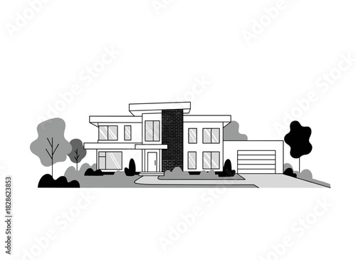 A hand‑drawn sketch of a modern private villa in black and white