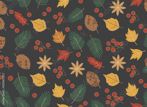 Illustration for textile print featuring a beautiful pattern of realistic natural Christmas decorations or winter plant elements—conifer needles, cones, orange pieces, star anise