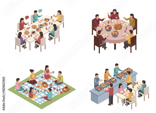 An isometric vector illustration of cartoon attendees at a social gathering, featuring a corporate banquet with celebratory guests and catering staff, and a stand‑up meal where guests are isolated