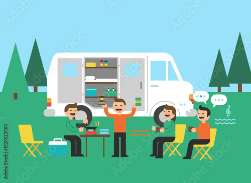 A group of joyful friends having an outdoor picnic near a camping car in a flat vector illustration, with a man and woman tourists grilling barbecue, eating, and chatting, while people spend time in