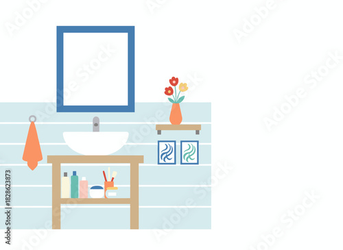 A cozy bathroom interior featuring shelves ed with toiletries, shampoo bottles, cosmetics, and flowers beside a mirror and washbasin, rendered as a colored flat vector illustration