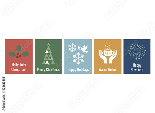 A set of Merry Christmas posters, Xmas cards with festive greeting typography, winter holiday postcard designs featuring New Year gifts, Noel sock, bauble, ornament, and fir tree, all rendered as