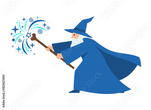 Humorous gray‑haired wizard with a witchery cane utters a magic spell in a flat vector illustration; the elderly male magical figure holds a crystal‑topped fairy wand, isolated on a white background