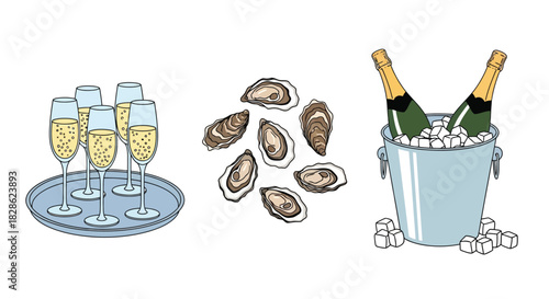 Vector Illustration of Champagne, Oysters, and Celebration Drinks for Festive Occasions