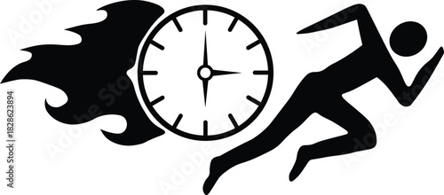 Running person with clock and flames