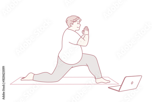 person performing lunge on mat facing laptop, following online instructor during home workout, gentle stretch