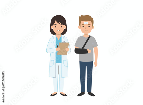 A female doctor or medical adviser and a patient with a broken arm stand together against a white background, while a man in an orthopedic cast appears in a clinic or hospital setting, all rendered