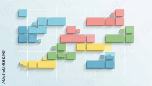 Arrangement of colorful rectangular and square blocks on a grid pattern with soft shadows cast around them