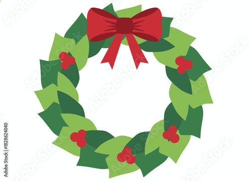 A circular Christmas wreath featuring traditional festive decor, leaf plant ornament, ribbon bow, and holly berries, presented as a flat vector illustration on a white background