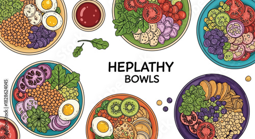 Heplathy bowls illustration: colourful and healthy food concept with fresh ingredients vector