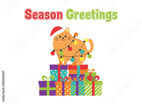 A charming cat perched atop a stack of Christmas presents, featured on a holiday card with a playful kitten wearing a party hat and garland, accompanied by seasonal greeting lettering, rendered as a