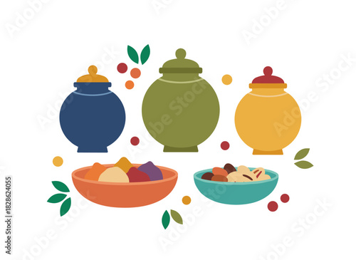 Set of Moroccan pottery, food, and seasonings, featuring Arabic crockery, dishes, spices, ceramic pots, vessels, earthenware, and vases in Moroccan style, presented as flat vector illustrations on a
