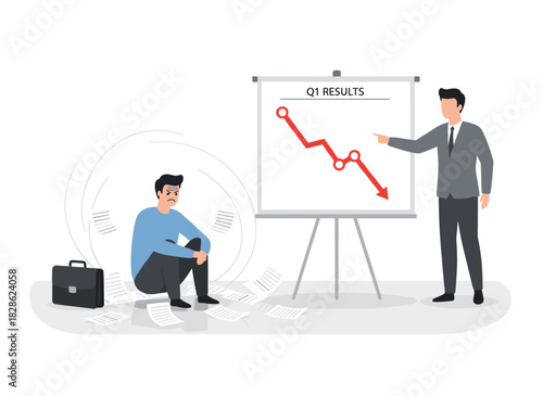 A businessman sketches a bankruptcy chart with a falling graph on a white board, while disgruntled male colleagues face financial troubles at the company, depicted in a flat vector illustration