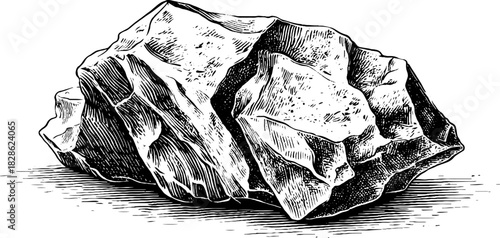 Decorative engraved illustration of a rugged granite boulder silhouette