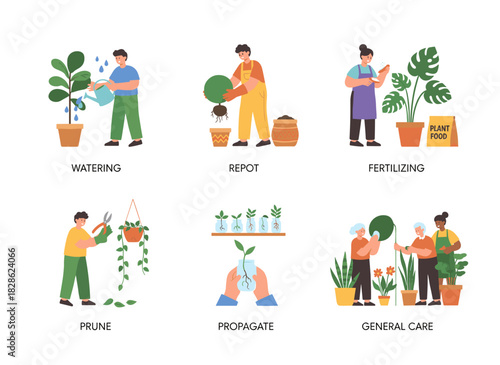 A home gardening kit for plant care: growing, pruning, watering, fertilizing, spraying, and repotting houseplants, nurturing indoor greenery in pots, depicted as a flat vector illustration on a white