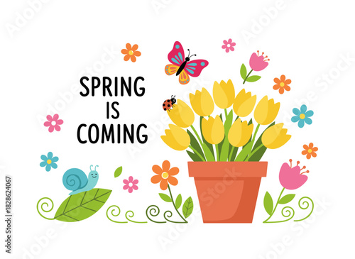 A decorative postcard template featuring the phrase “Spring Is Coming” written in a cursive calligraphic hand, surrounded by blooming garden flowers, a charming snail, and butterflies, rendered as a