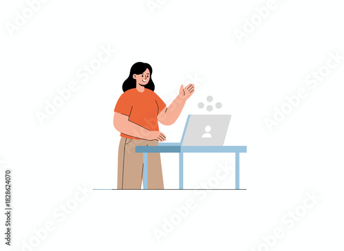 A businesswoman speaking while seated at her laptop, gesturing at a notebook computer in a flat vector illustration set against a white background