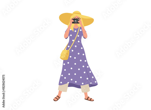 A fashionable woman with a 120 mm film camera, illustrated in flat vector style, smiles while taking a photo on a white background, wearing a stylish hat, and enjoys her creative hobby of photography