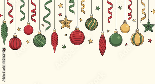 Colorful Christmas Ornaments, Stars, and Ribbons Hanging for Holiday Decoration Vector Illustration