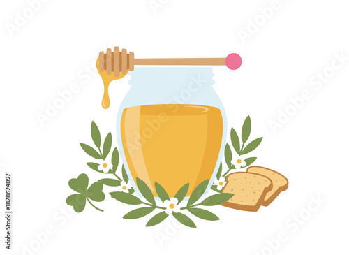 Illustration of a dipper in a honey jar, a pair of bread slices or toast, a clover flower, and an acacia flower cluster; a tasty, wholesome dessert, rendered as a colorful hand‑drawn image in an