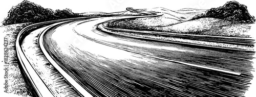 Curving roadway through rolling hills - vintage engraved landscape illustration for design projects