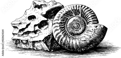 Vintage engraving of a shattered ammonite fossil for decorative design