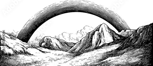 Decorative engraved illustration of a smooth flowing arc band over mountainous landscape