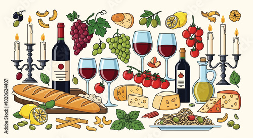 Elegant Culinary Arrangement Showcasing Exquisite Wines, Artisan Cheeses, and Mediterranean Delights for a Gastronomic Feast