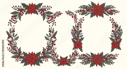 Festive Christmas Wreath Designs Featuring Red Poinsettias, Greenery, and Berries on a Neutral Background