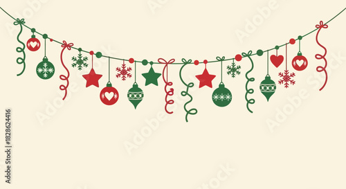 Festive Garland with Hanging Ornaments and Ribbons, Perfect for Holiday Decorations and Celebrations