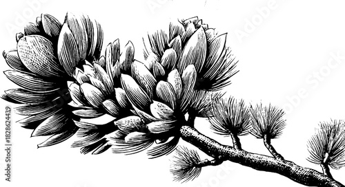 Intricate engraving of twisted pine sapling branch with detailed needles for nature design