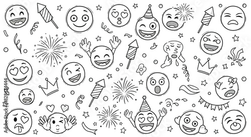 Emoji Celebration Whimsical Line Art of Smiling Faces, Fireworks, and Festive Joy
