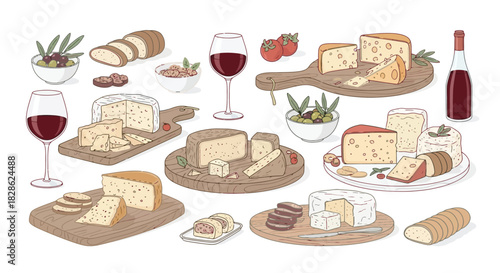 Delicious Cheese Assortment A Gourmet Feast with Wine, Olives, and Bread, perfect for Appetizers