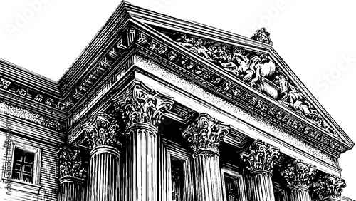 Classical architecture with detailed engraved columns and pediment design