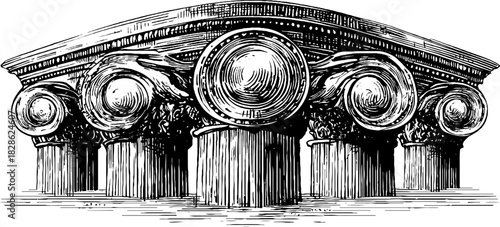Ornate architectural column capitals in engraved dot line style for design projects