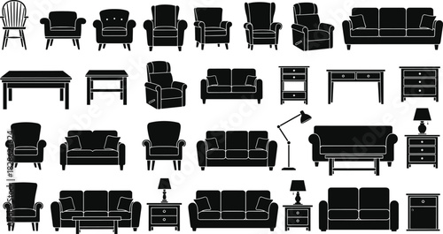 Collection of furniture silhouettes, sofa, armchair and table icons, home interior design set, isolated, cad drawing flat vector illustration.