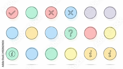 Collection of pastel colored circles with check mark x mark question and information icons arranged neatly