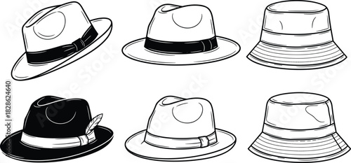 Collection of men hat outline sketches, classic fedora and bucket hat, vintage fashion headwear, monochrome cap icons, vector illustration