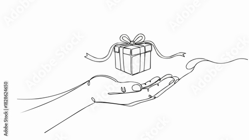 Continuous line drawing of a present box with ribbon held in a hand in a minimalist style art