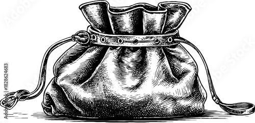 Vintage leather pouch illustration in engraved decorative style for retro design