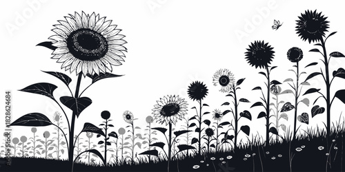 Illustration of a field of sunflowers with a butterfly in a black and white design