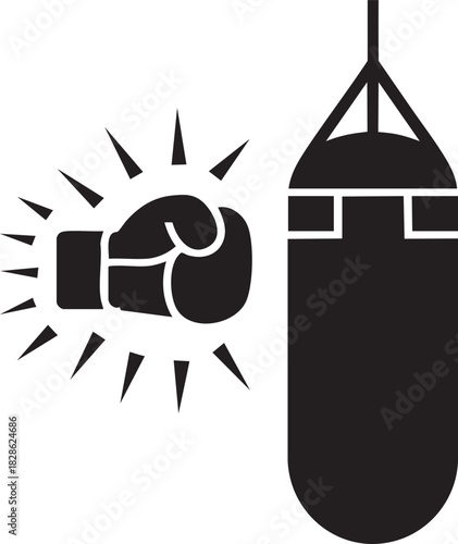Boxing glove punching hanging heavy bag icon with explosive impact burst for fitness training, combat sports practice and gym workout design