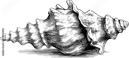 Vintage asymmetrical conch shell engraving for nautical design