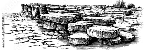 Engraved decorative illustration of brittle shale slabs in a natural landscape