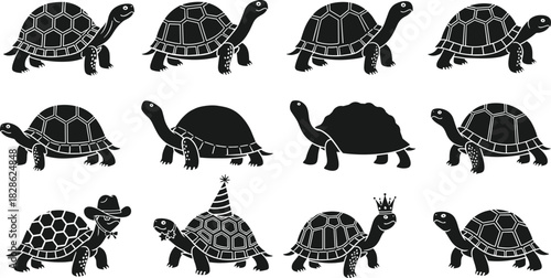Collection of twelve black turtle silhouettes, cute tortoise icons, reptile animal set, funny cartoon character with hats, vector illustration
