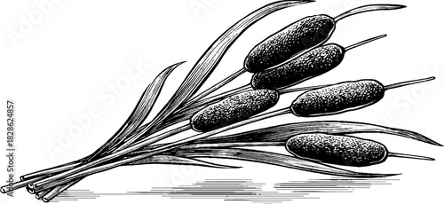 Vintage engraved silhouette of bundled meadow rush stems for retro design