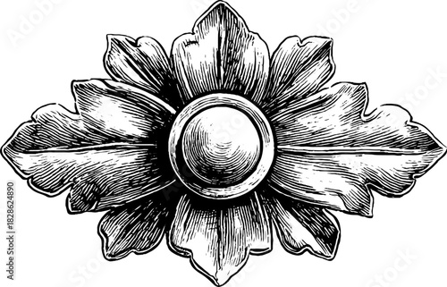 Detailed engraving of carved stone rosette bead for decorative design